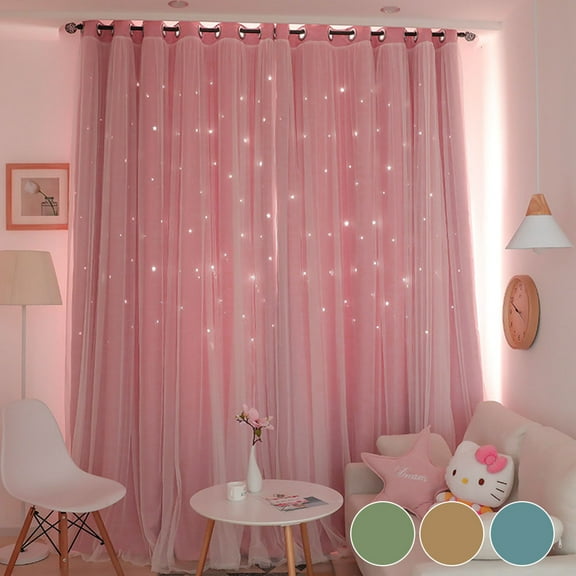 Miuline 2pcs Blackout Curtains Double Layer Openwork Stars Curtain Nordic Style Romantic Decorative Window Voile Curtains(Pink)