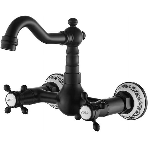 Miuline Wall Mounted Kitchen Tap Brass Retro Sink Mixer Faucet Double Cross Handle 2 Holes 360 Degree Swivel Bathroom Faucet Black