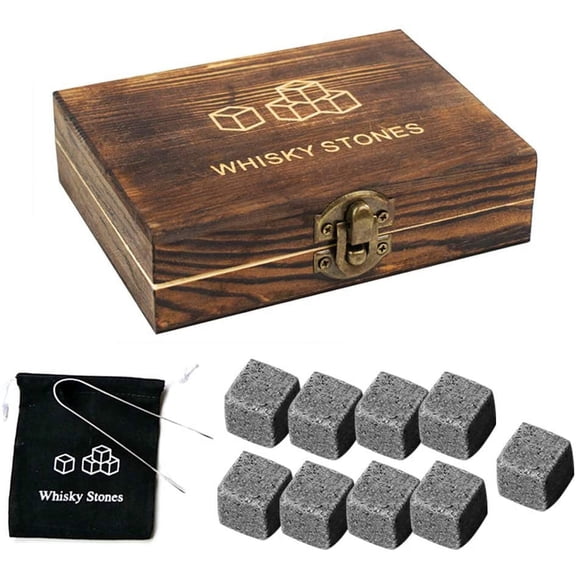 Miuline Whiskey Gift Sets for Men,9Pcs Whiskey Rocks Stones Natural Granite Whiskey Chilling Stones Ice Cubes Reusable with Wooden Box for Christmas Fathersﾂ Day Gifts