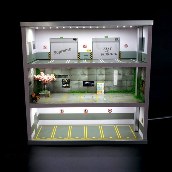 Miumaeov 1:64 Parking Lot Scene Garage Car Model Display Cabinet LED Lighting Layer Lot Garage Model