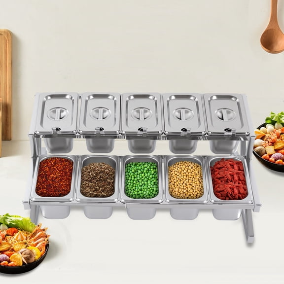 Miumaeov 10 Pans Expandable Spice Rack Stainless Steel Seasoning Storage Container Countertop Organizer Shelf with Lids