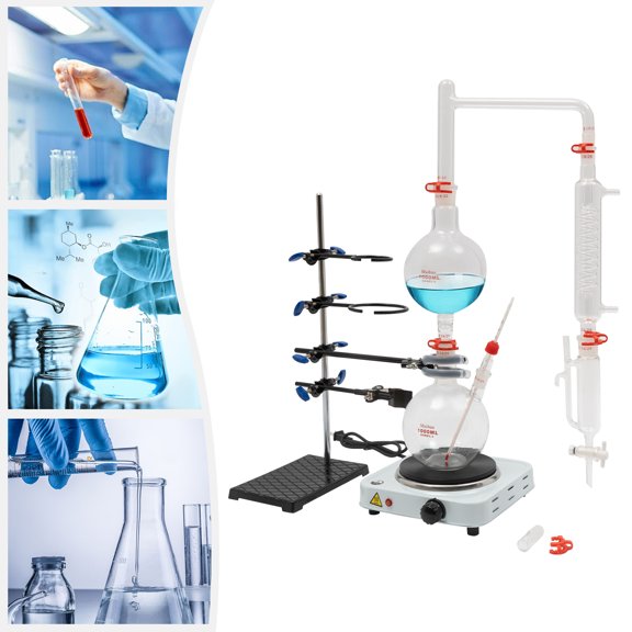 Miumaeov 1000ml Essential Oil Distillation Apparatus with Graham Condenser + Hot Stove + Essential Oil Separator Lab Glass Distillation Kit Steam Water Distiller Purifier
