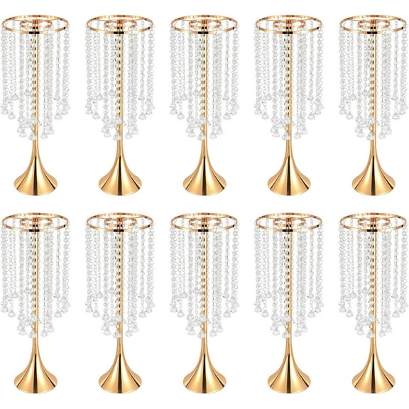 Miumaeov 10Pcs Table Decorative Vases with Acrylic Crystal Chains, 21.9inch Tall Wedding Centerpieces Tabletop Decor Flower Vases for Wedding Party Dinner Event Photography (Gold)