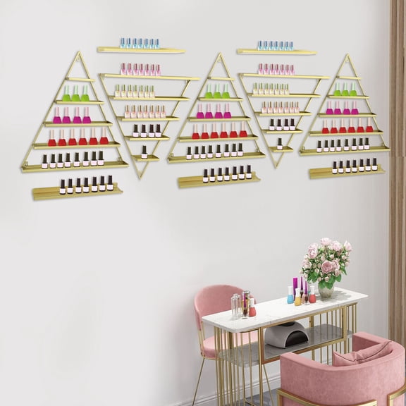 Miumaeov 10pcs Set Gold Triangular Nail Polish Racks Wall-mounted Cosmetics Display Rack with Horizontal Bars