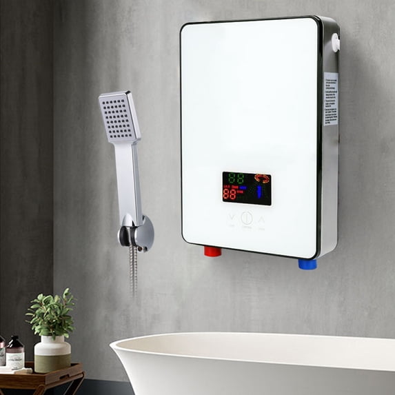 Miumaeov 110V 6500W Electric Tankless Instant Water Set with LCD Display Heater Over-Temperature Protection for Bathroom Kitchen Wall or Floor Mounted White