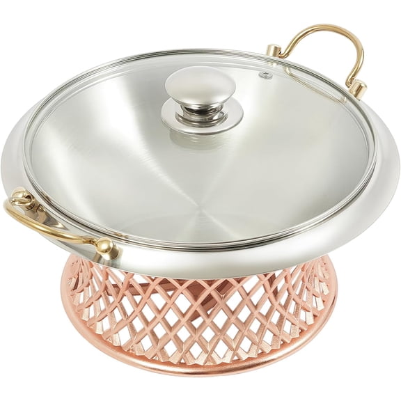 Miumaeov 11in Stainless Steel Hot Pot Buffet Set, Round Food Heating Tray with Clear Glass Lid and Built-in Lid Holder, Suitable for Parties, Events, Weddings(Red Copper)