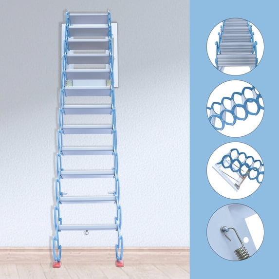 Miumaeov 12.5ft Wall Mounted Retractable Attic Stair 12 Steps Folding Pull Down Loft Ladder (Titanium Magnesium Alloy, Blue)