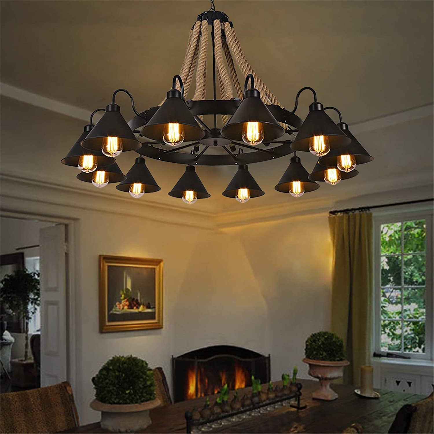Miumaeov 12 Lights Industrial Rustic Chandelier Rope Pendant Light Farmhouse Round Wagon Wheel with Metal Shade Pendant Lighting Fixture for Dinning Room Kitchen Island