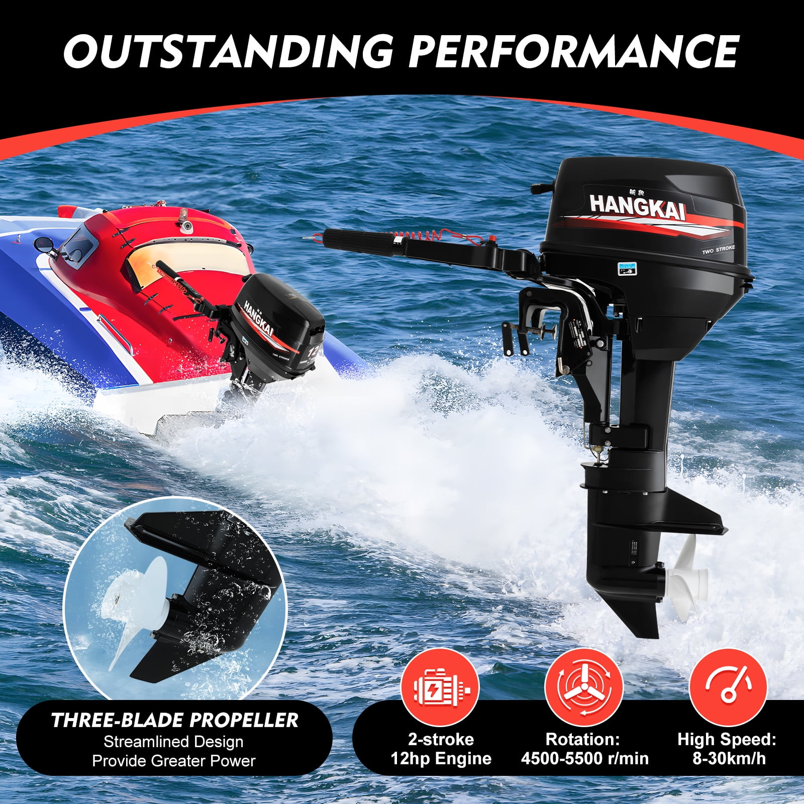 Miumaeov 12HP Outboard Motor Boat Engine 169CC 2 Stroke Heavy Duty Outboard Motor Fishing Boat Engine with Water Cooling System