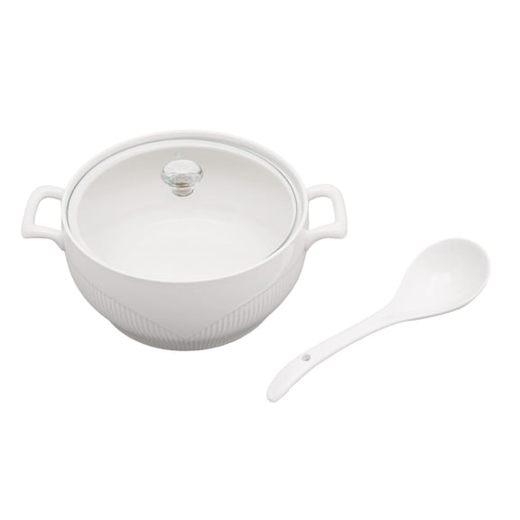 Miumaeov 1500ml/ 0.4gal Ceramic Soup Tureen Porcelain Serving Soup Bowl Double-handled Soup Tureen with Glass Lid and Ladle