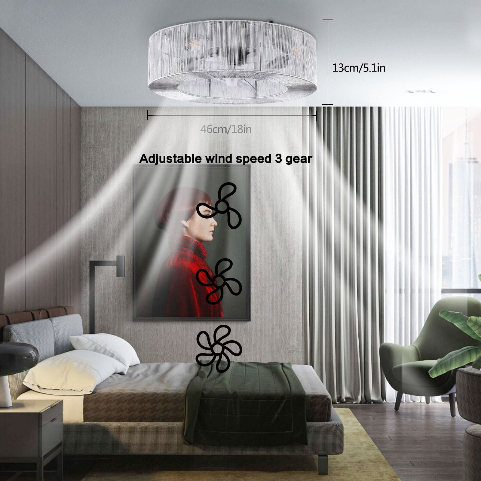 Miumaeov 18" Cage Ceiling Fan Silver Wire Shade Remote Control Ceiling Lamp Adjustable Wind Speed Smart Time Setting Ceiling Fan Lamp for Living Room Decor