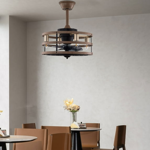 Miumaeov 18" Caged Ceiling Fan with Light, Remote Control, Rustic Farmhouse Style, Light Brown