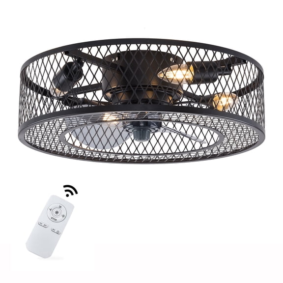 Miumaeov 18" Caged Fan Chandelier Black Rustic Ceiling Fan with Light and Remote 3 Speeds Metal Enclosed Low Profile Ceiling Fan Light for Farmhouse Kitchen Living Room Dining Room