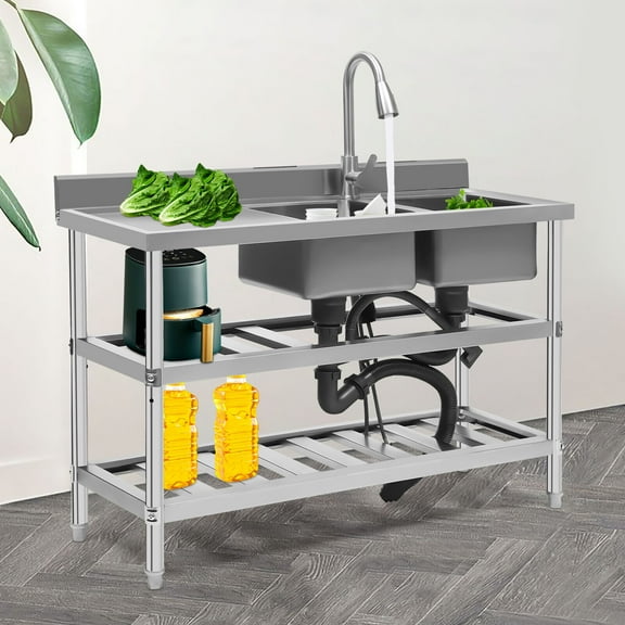 Miumaeov 2 Compartment Commercial Stainless Steel Sink with Workbench & Storage Shelves Double Bowl Freestanding Kitchen Utility Sink with Faucet