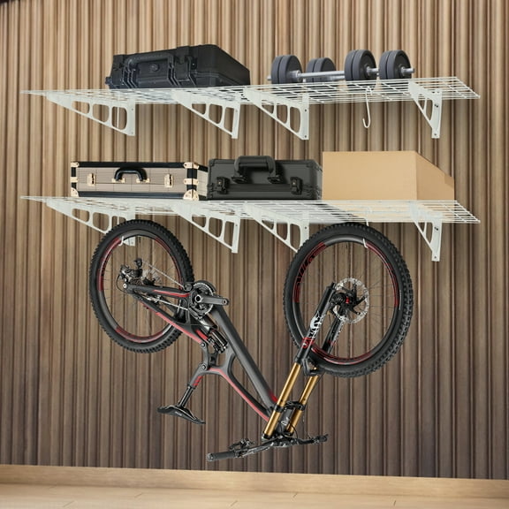 Miumaeov 2 Packs 72"*24" Garage Wall Shelf White Garage Storage Shelving with 4 Hooks Wall Mounted Steel Wall Shelf Heavy Duty Floating Shelves Max Load 400lbs