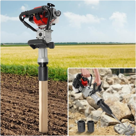 Miumaeov 2-Stroke Gas Powered T Post Driver 32.7CC 1000W Gas Powered Pile Driver 2 IN 1 Fence Post Driver with Air Cooled T Post Driver Hammer Drill with Conversion Head, Chisel & 2 Sleeves
