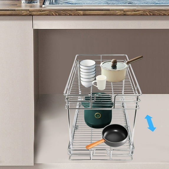 Miumaeov 2 Tier Cabinet Drawers Slide Out Cabinet Organizer Kitchen Cabinet Drawers for Kitchen Under Sink Silver