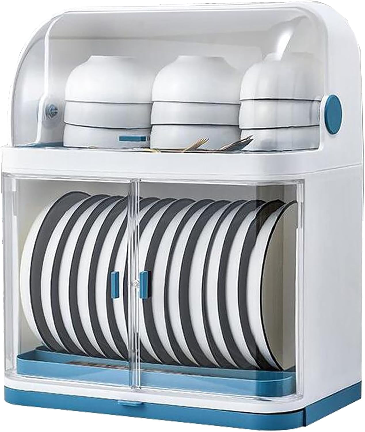 Miumaeov 2 Tier Dish Racks with Lid Cover for Kitchen Counter Plastic Kitchen Cabinet Organizer Dish Drying Rack Utensil Holder Plates Bowls