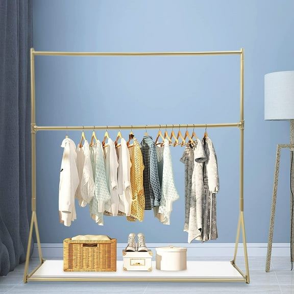 Miumaeov 2-Tier Free-Standing Garment Rack with Shelf Gold Clothes Hanging Organizer Coat Rack Storage Stand for Clothing Store Home 59 x 15.7 x 62.9 Inch