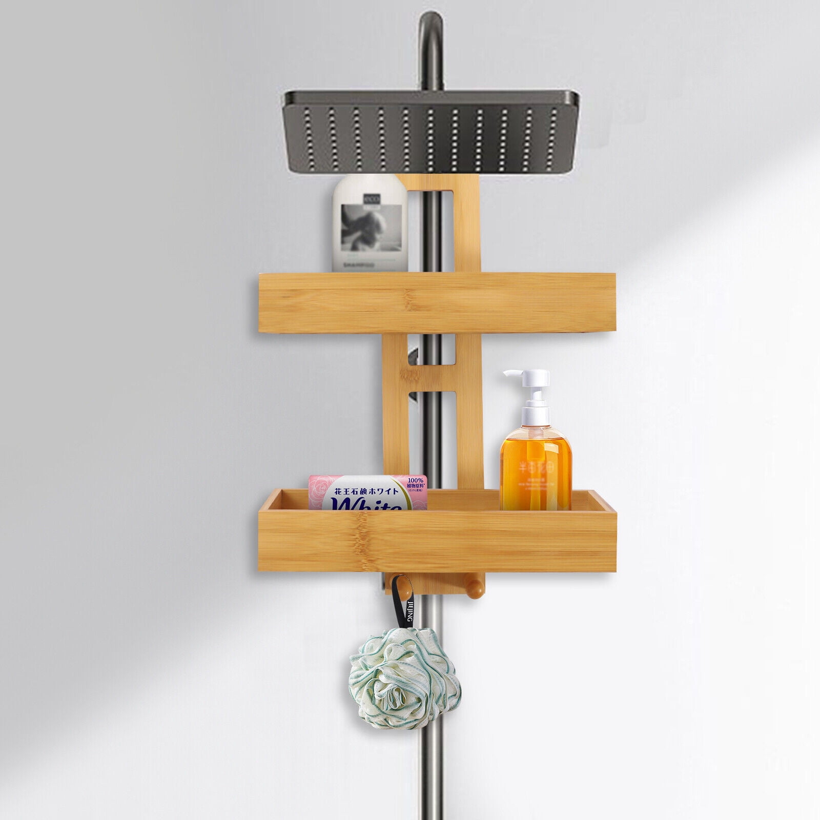 SereneLife Bamboo Hanging Shower Caddy – 2-Tier Natural Wood Organizer With Stainless Steel Shelves