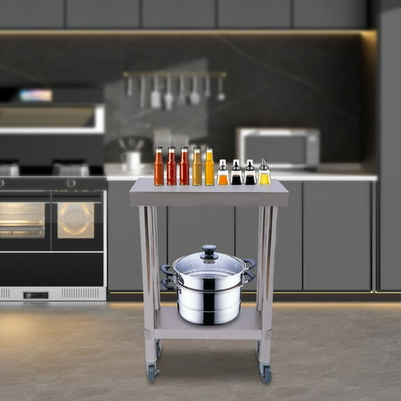 Miumaeov 2-Tier Stainless Steel Prep Table Commercial Steel Prep Worktable with Wheels Heavy Duty Food Prep Workstation with Shelf for Kitchen Restaurant 23.62x11.8in Load 300kg/661lbs
