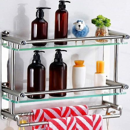 Glass Bathroom Wall Organizer Shelf, 2 Tier Tempered Glass Shower Shelves with Towel Bar Wall Mounted, Shower Storage 15 by 6 inches