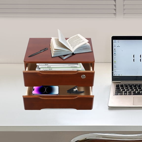 Miumaeov 2-Tier Tung Wood Desk Organizer with Lockable Drawers for Home Office Walnut