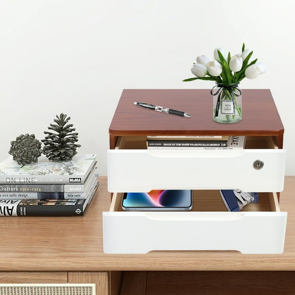 Miumaeov 2-Tier Wooden Desktop Storage Box Desk Organizer for Office with Lockable Drawer