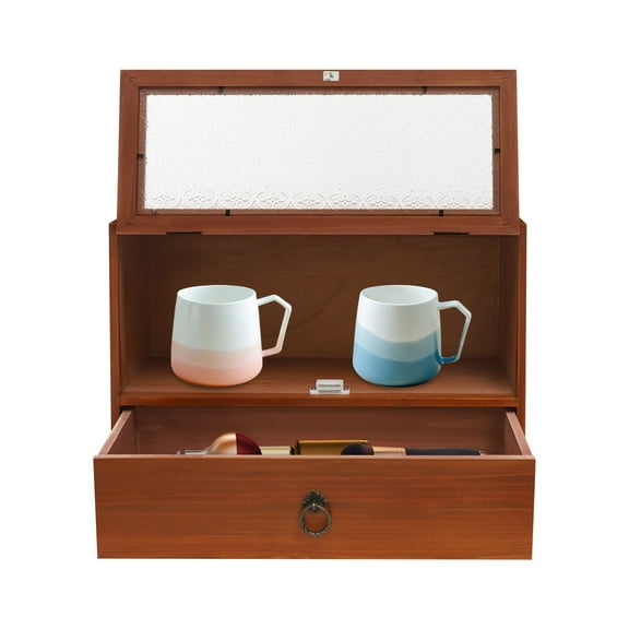 Miumaeov 2 Tiers Tabletop Organizer Cabient Holder Case Vintage Wood Storage Box with Translucent Door