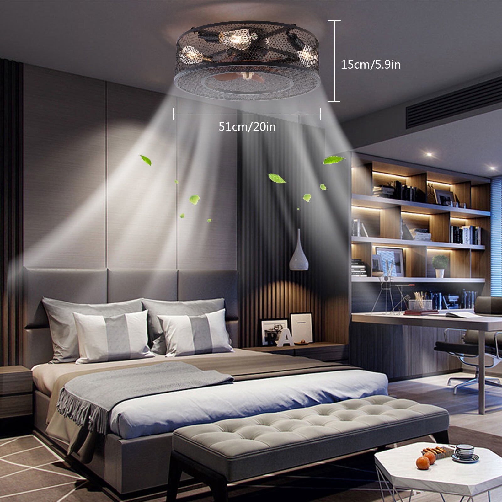 Miumaeov 20inch 110V Rustic Low Profile Flush Mount Ceiling Fan with ...