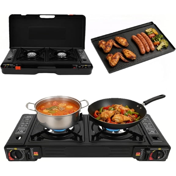 Miumaeov 24,000 BTU Portable Camping Stove, Dual Burner Gas Grill with Removable Case, Compact Outdoor Cooker for RV Tailgating, Stainless Steel 2-Burner Butane & LPG Stove w/Baking Tray
