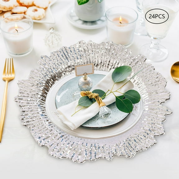 Miumaeov 24 Pieces 13 inch Round Plastic Reef Plate Chargers for Dinner Plates,Wedding,Party Elegant Decoration Place mats (Silver)
