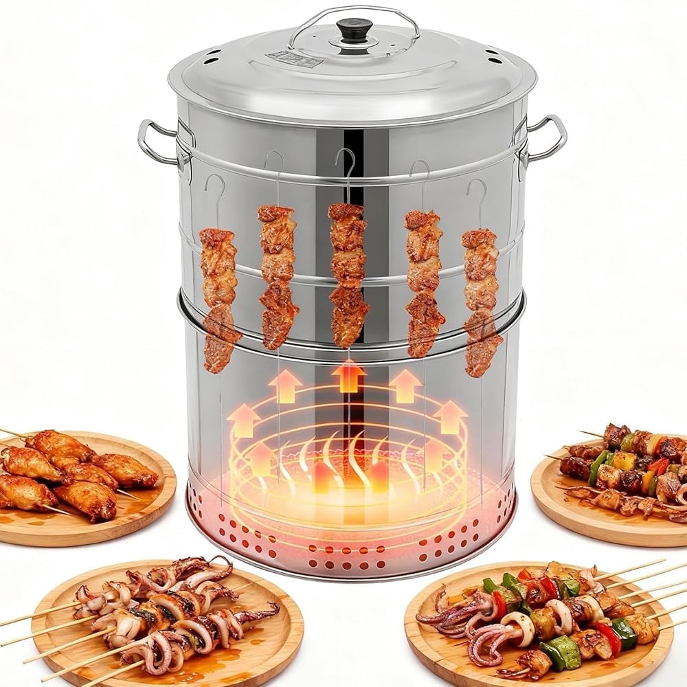 Miumaeov 25.9" Large Portable Charcoal Grill Barrel, 360° Smokeless Stainless Steel BBQ Grill with 50 Skewers, Outdoor Barbecue for Travel Camping Picnic Patio