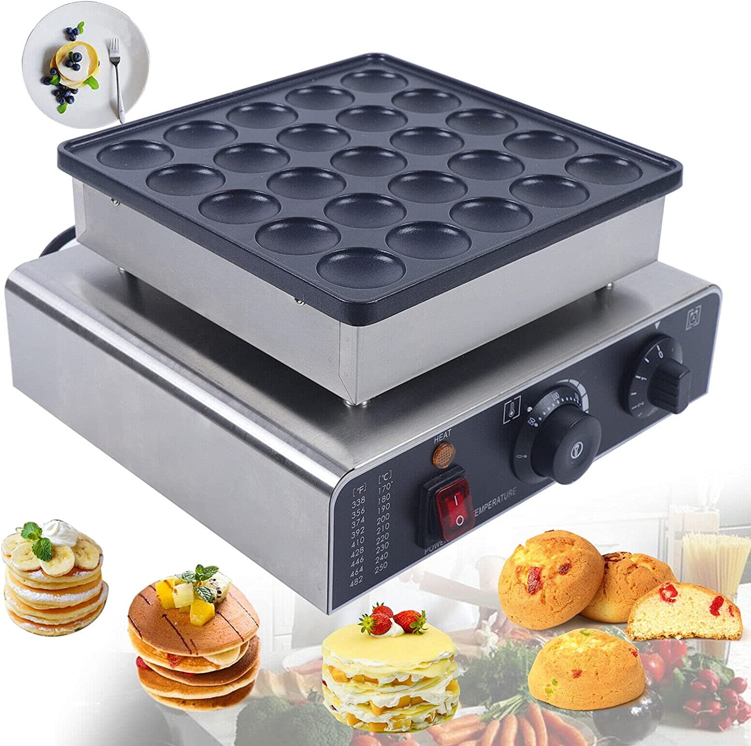 VBENLEM 110V Mini Dutch Pancake Baker 50pcs 1700W Commercial Electric Nonstick Waffle Maker Machine 1.8 Inches for Home and Restaurants