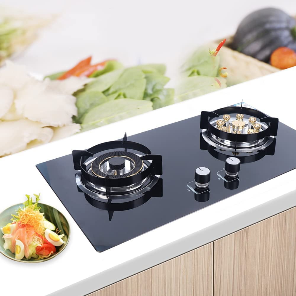 Miumaeov 28" Black Tempered Glass Panel Built-in Gas Cooktop Dual Fuel Cooktops with Strong Flame Natural Gas Stove Countertop Gas Hob 2 Burners Cooktops Gas Cooker for Griddle Pan