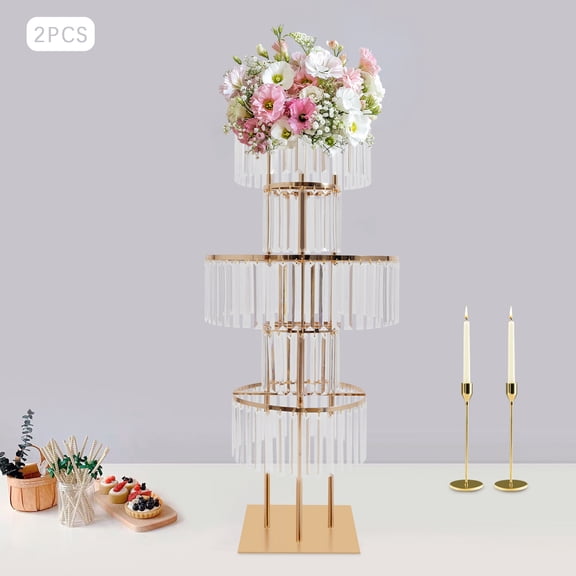 Miumaeov 2PCS Gold Crystal Vases, 5 Tier Round Chandelier Centerpieces with Hanging Crystals, 43.3in Tall for Wedding Birthday T Stage Road Lead Event Decor