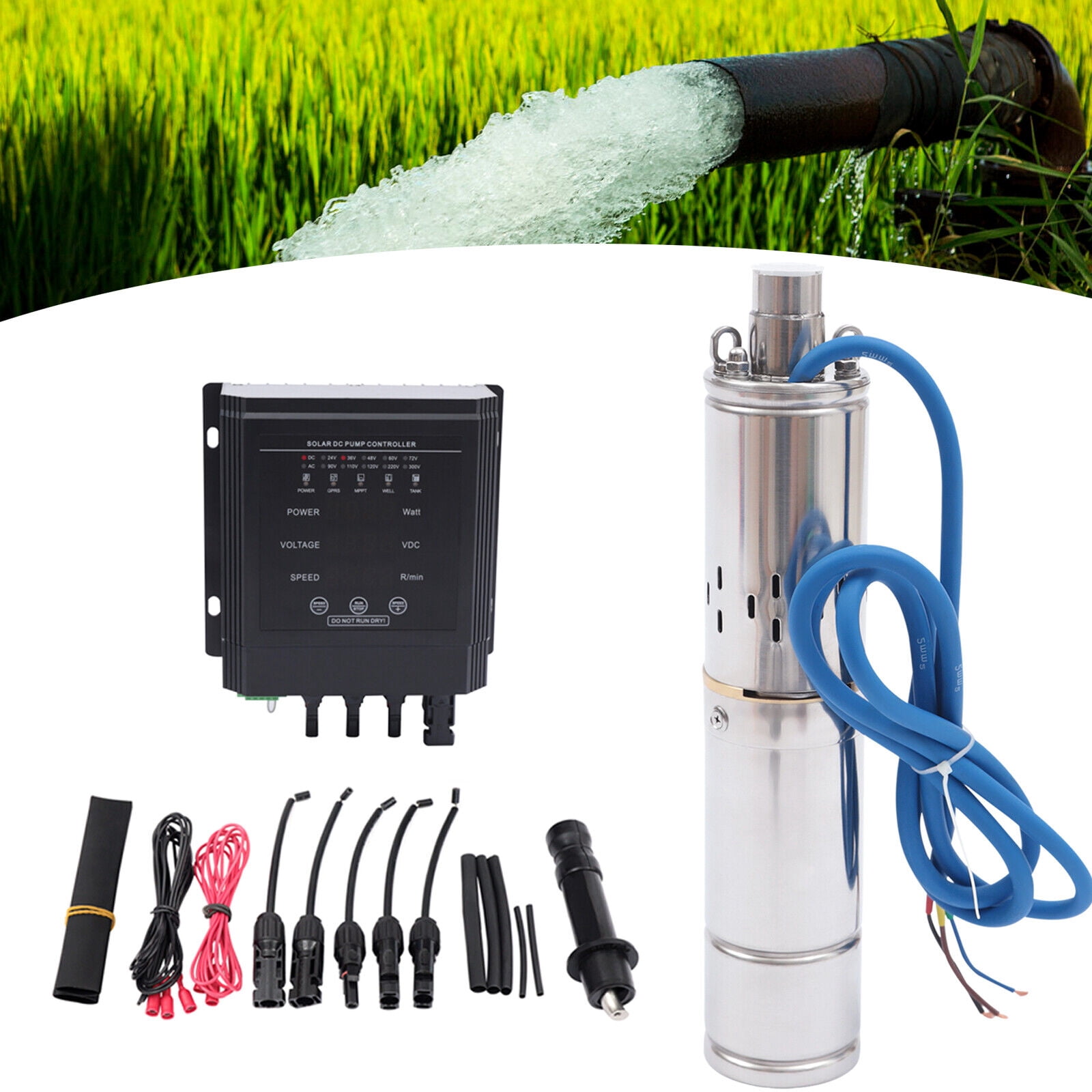 Miumaeov 3'' DC 36V 400W Solar Submersible Water Pump Deep Well Pump w/ MPPT Controller Kit