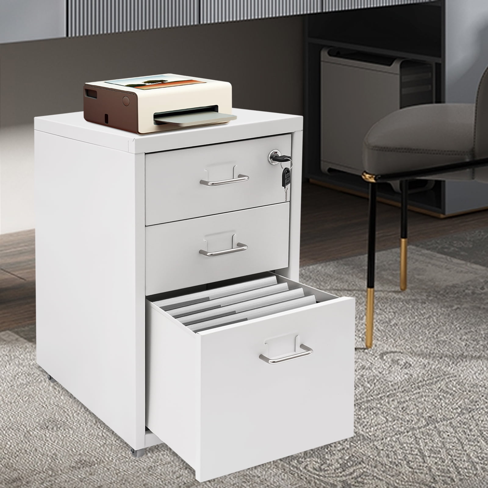 Miumaeov 3 Drawer Vertical File Cabinet Mobile Filing Cabinet with Lock Metal Mobile File Cabinet for Home Office