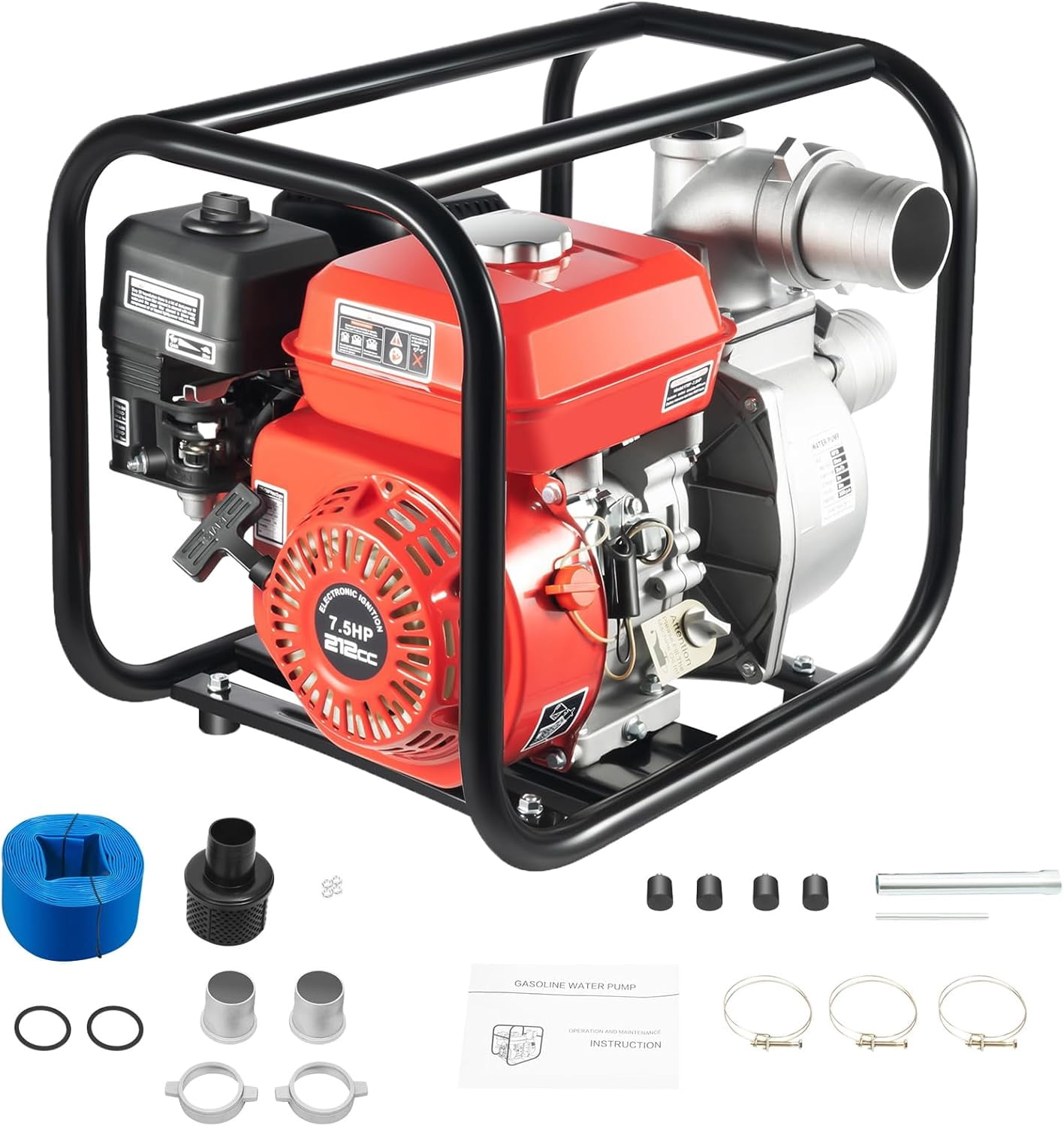 Miumaeov 3 Inch 7.5HP Trash Pump, 4 Stroke 212CC Gas Powered Water Pump, 1236.01Ft³/H Delivery Volume, 26.25Ft Suction Height with 7.5m Water Pipe for Garden Irrigation, Greenhouse Planting