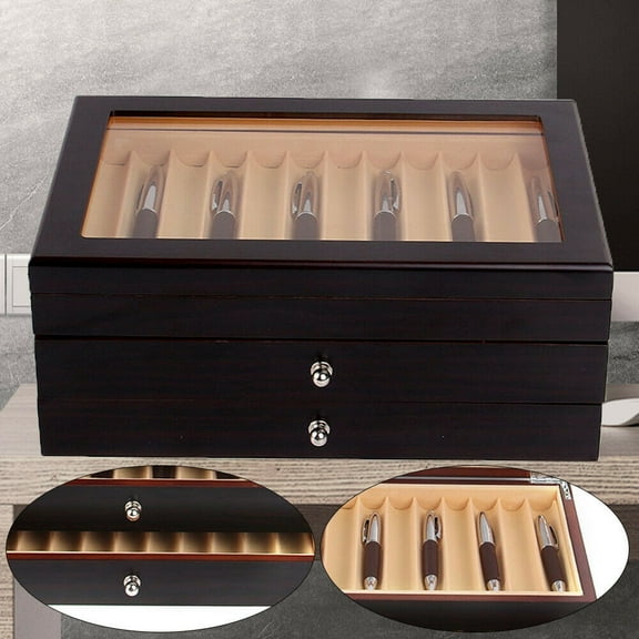 Miumaeov 3 Layer Wood Pen Display Box 34 Slots Fountain Pen Holder Storage Case Collector Box Organizer Black