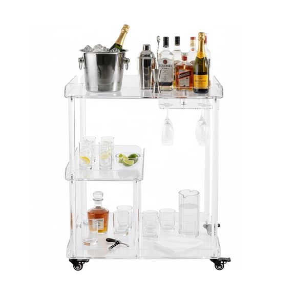 Miumaeov 3-Tier Clear Acrylic Serving Cart Rolling Serving Cart Beverage Storage Cart with Wine Glass Holder & 4 Wheels
