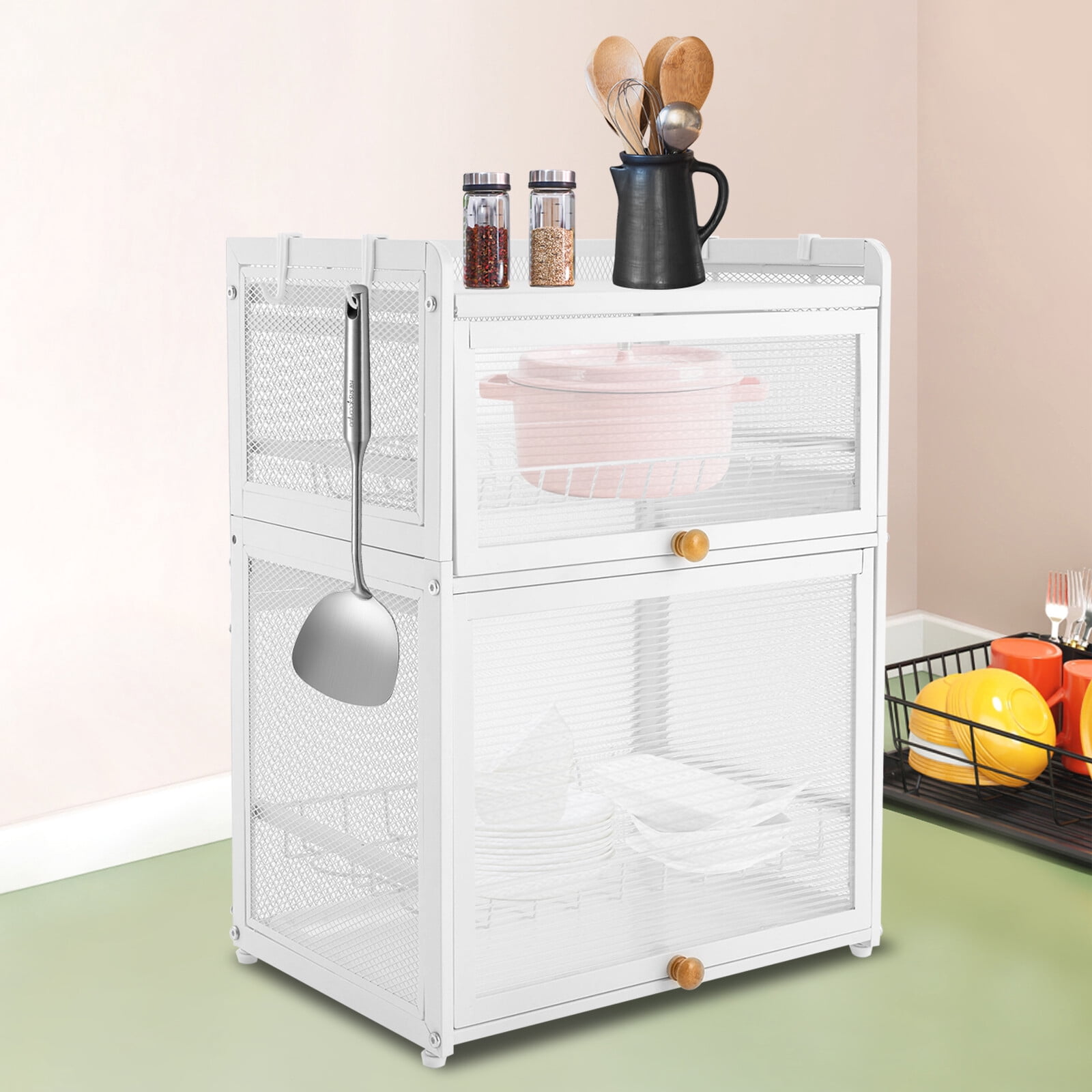 Miumaeov 3-Tier Dish Drying Rack Cutlery Drainer Holder Kitchen Ware Plate Cup Storage Organizer with Lid Cover (White)