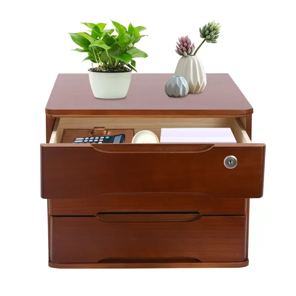 Miumaeov 3-Tier Drawers Organizer Lockable Desktop Storage Box Tung Wood Walnut File Cabinet