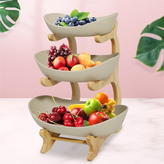 Miumaeov 3 Tier Fruit Basket Bowl Holder Ceramic+Wood Kitchen Vegetables Storage Stand Brown