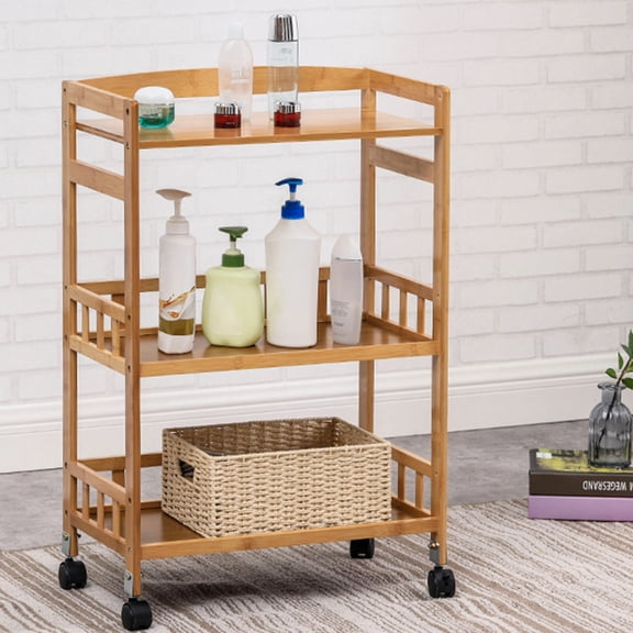 Miumaeov 3 Tier Mobile Kitchen Rolling Serving Cart Floor Standing Wood Color Home Salon