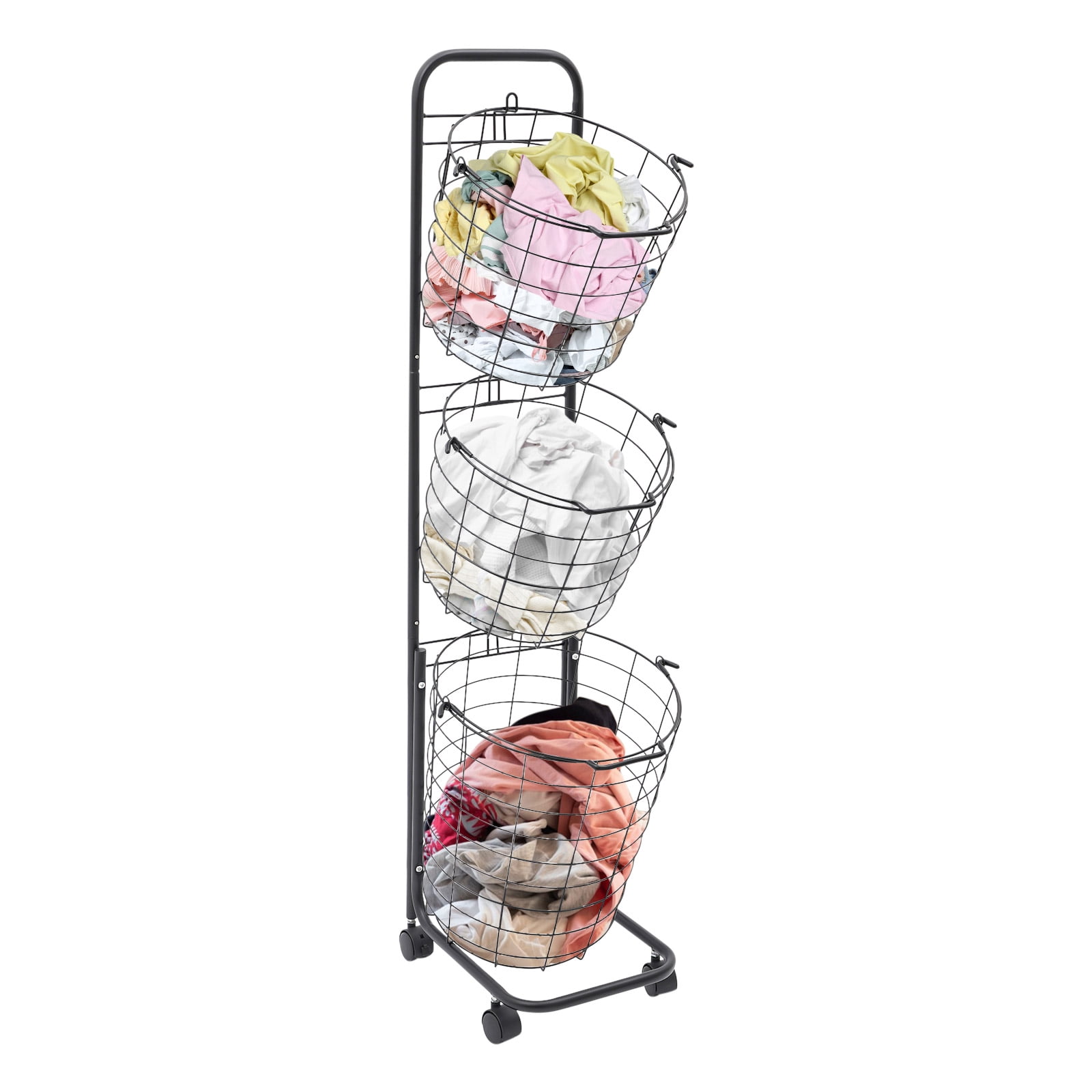 Miumaeov 3 Tier Rolling Laundry Hamper with Removable Wire Basket,Clothing Sorting Laundry Baskets Portable Sorter Storage Trolley Shelf Basket