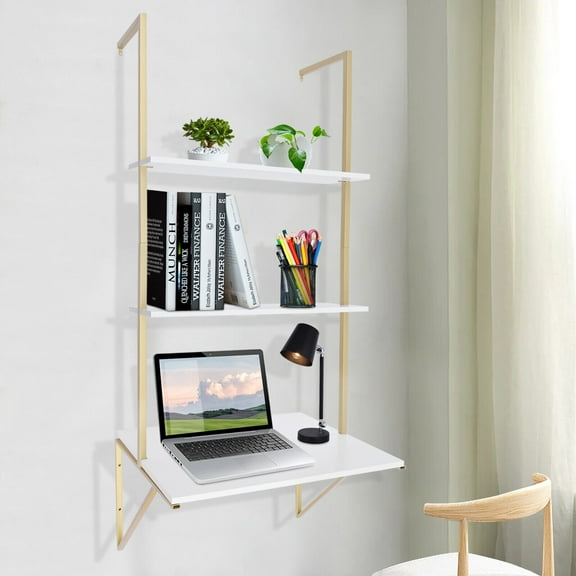 Miumaeov 3 Tier Standing Desks Ladder Desk Wall Mounted Shelf Floating Shelves Bookshelf Decorative Hanging Display for Laundry Room, Bathroom, Kitchen, Bedroom, Office, Golden