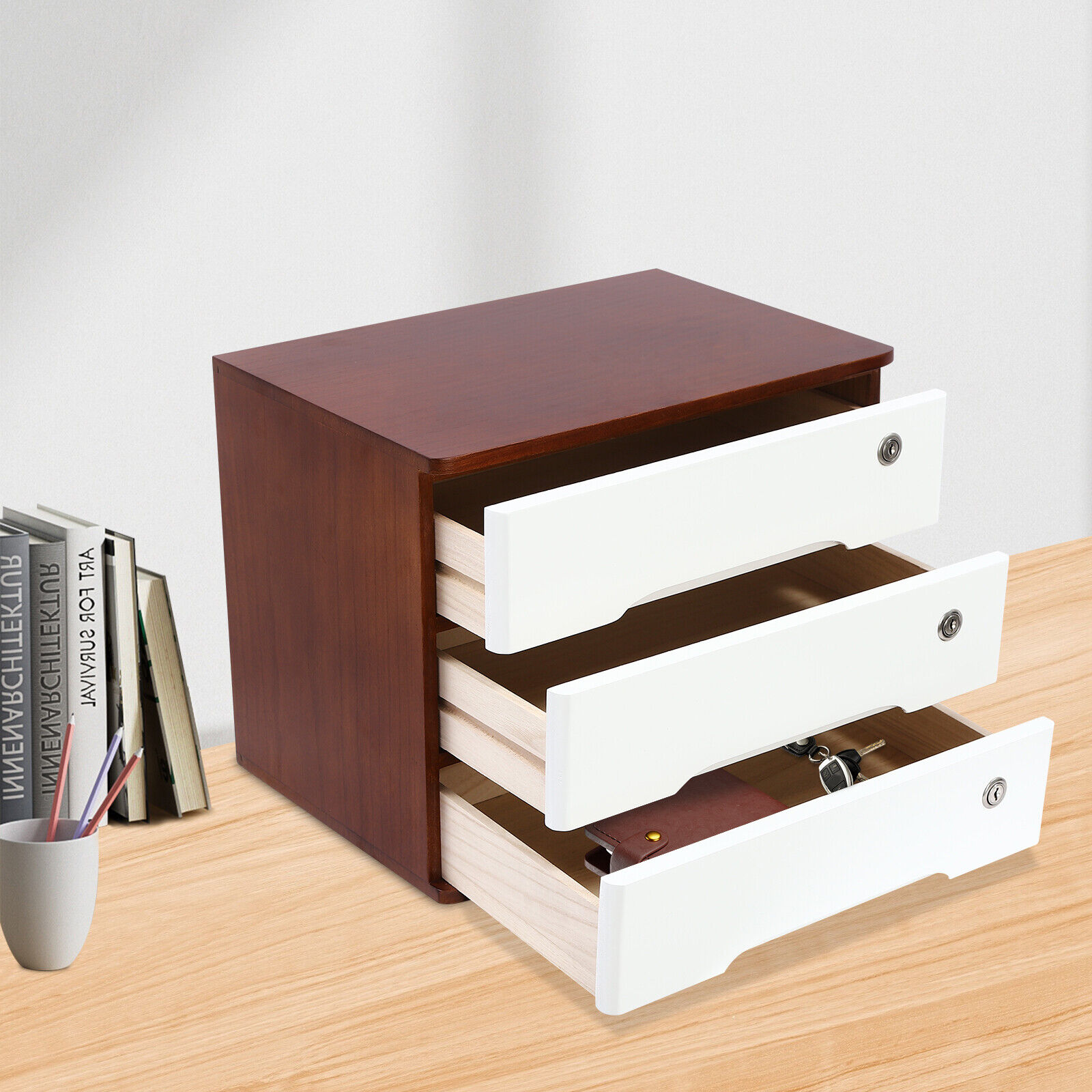 Miumaeov 3-Tier Tung Wood Storage Cabinet Desk Organizer Box with ...