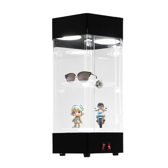 Miumaeov 360 Electric Rotating Display Case 2 Tier Acrylic Clear Showcase Lockable Collections Organizer with LED Lights
