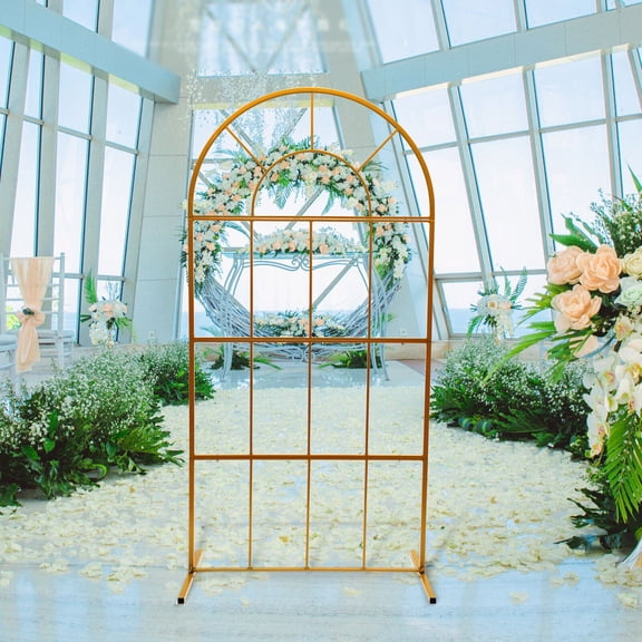 Miumaeov 39x79'' Round Top Gold Wedding Arch Frame Display Backdrop Balloon Stand Event Party Props Decoration